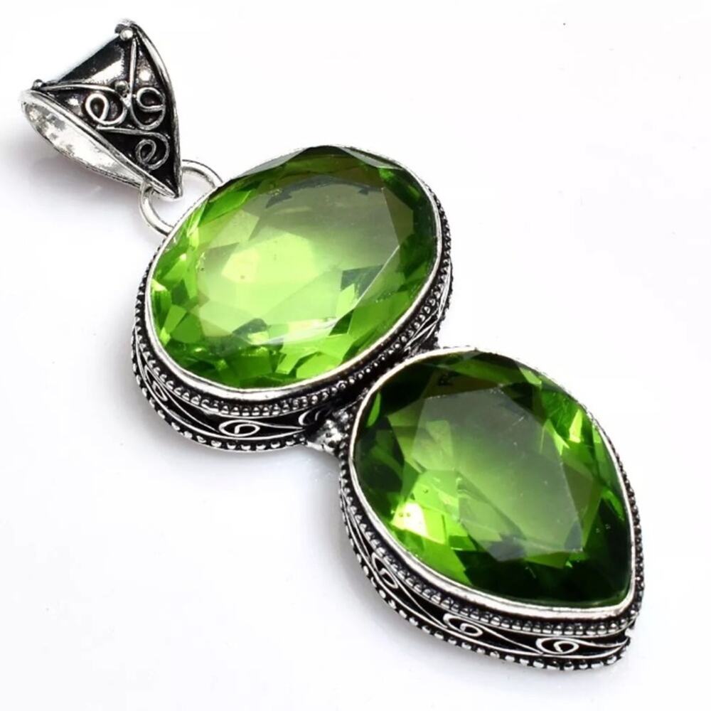 Antique Peridot Pendant Necklace, Sterling Silver, Charm Gemstone, Stateme…